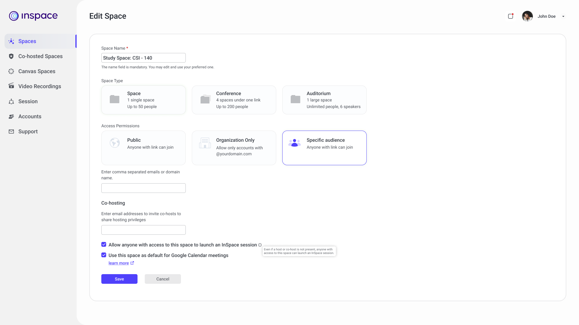 A screenshot of the InSpace user dashboard shows the checkbox for the new feature to allow other users to launch a session instead of the host. The box is checked in purple. 