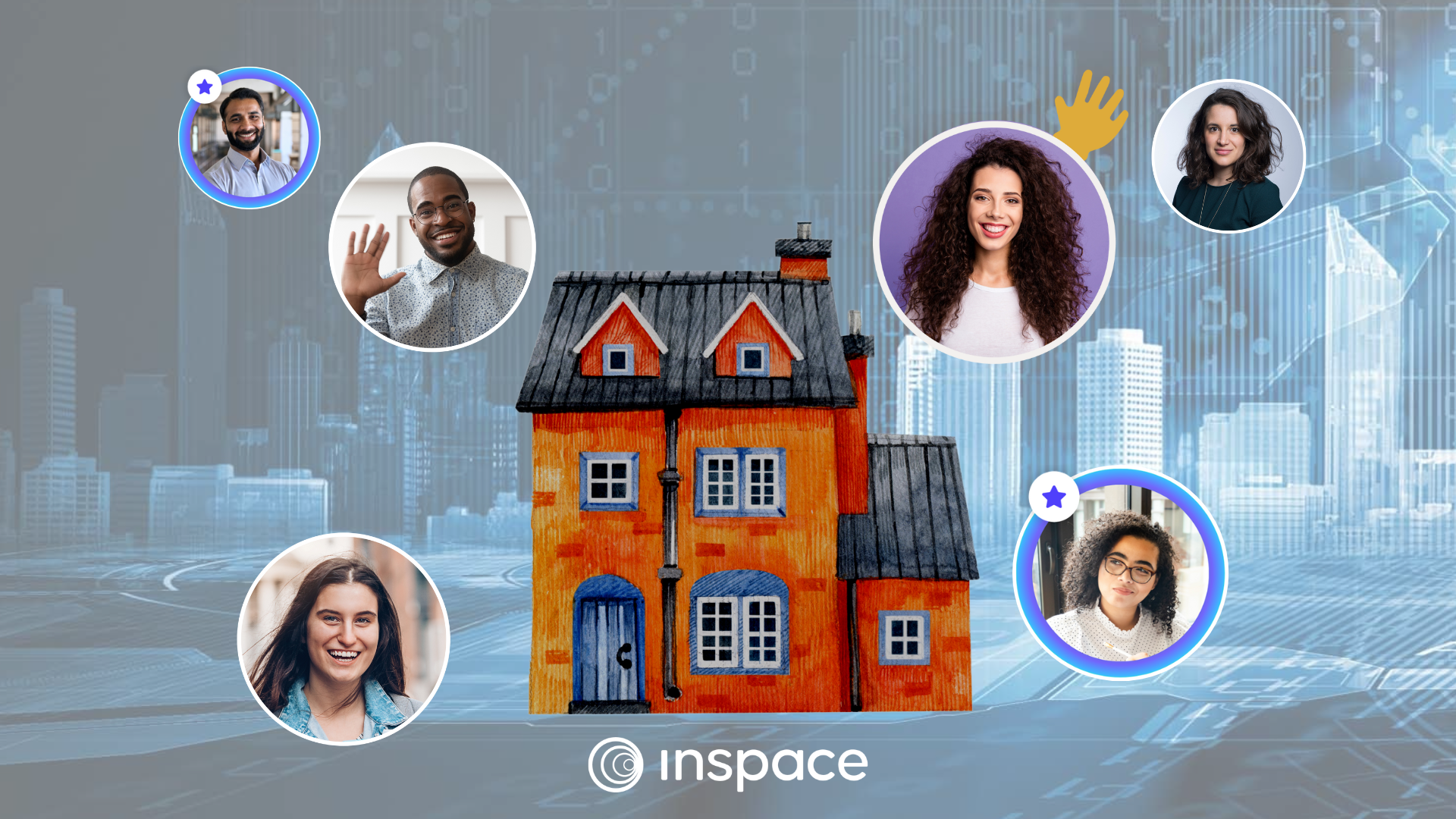 Multiple InSpace users inside of InSpace circles are shown gravitating toward a hand drawn red home. The background is a dark blue tech digital city.