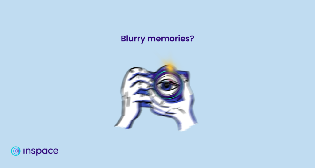 A pair of hands is holding a dslr-style camera. An oversized eye peers through the camera lens. The image is out of focus and a caption reads, "Blurry memories?", evoking the 'Blursday' effect described in the research at UC Irvine. 