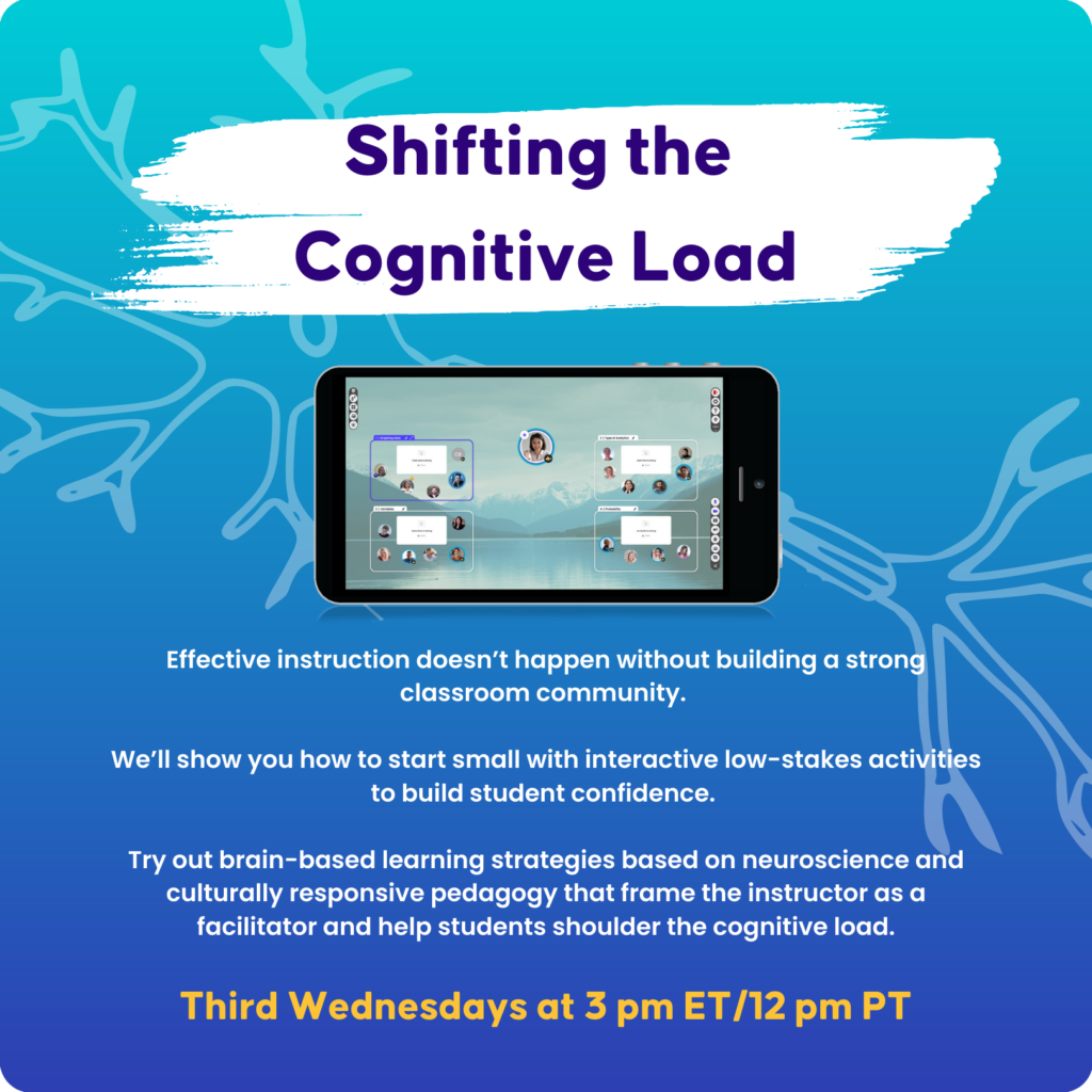 Shifting the Cognitive Load.
Effective instruction doesn’t happen without building a strong classroom community.
We’ll show you how to start small with interactive low-stakes activities to build student confidence.
Try out brain-based learning strategies based on neuroscience and culturally responsive pedagogy that frame the instructor as a facilitator and help students shoulder the cognitive load.
Third Wednesdays at 3 pm ET/12 pm PT
Illustration shows a class working independently in breakout rooms on collaborative activities.