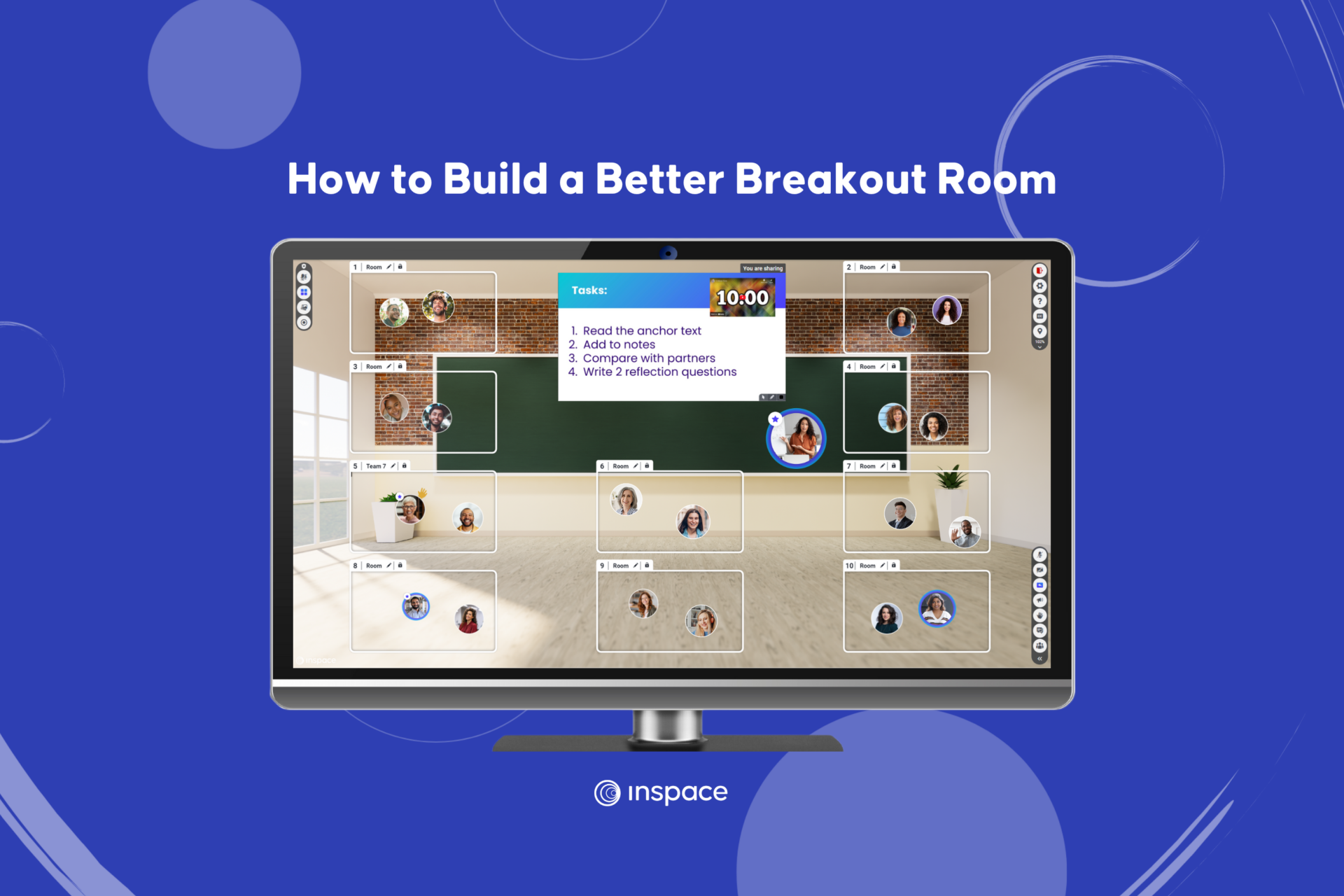 A mock up of an InSpace session depicts a facilitator using breakout rooms for discussion groups. There are 10 breakout rooms open. All the rooms are open and visible at the same time, and partners are in the rooms conversing. A slide is visible at the front of the shared space with instructions and an embedded timer. The title of the illustration is "How to Build a Better Breakout Room.