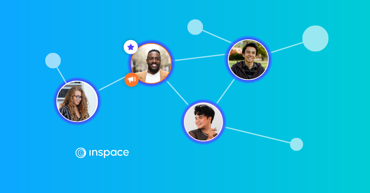 A professor is shown with a host star. He is wearing a yellow blazer and is smiling while regarding his students. Three students are connected to him in a wireframe-style design shown against an InSpace-blue background. The InSpace logo is at the bottom left of the design.