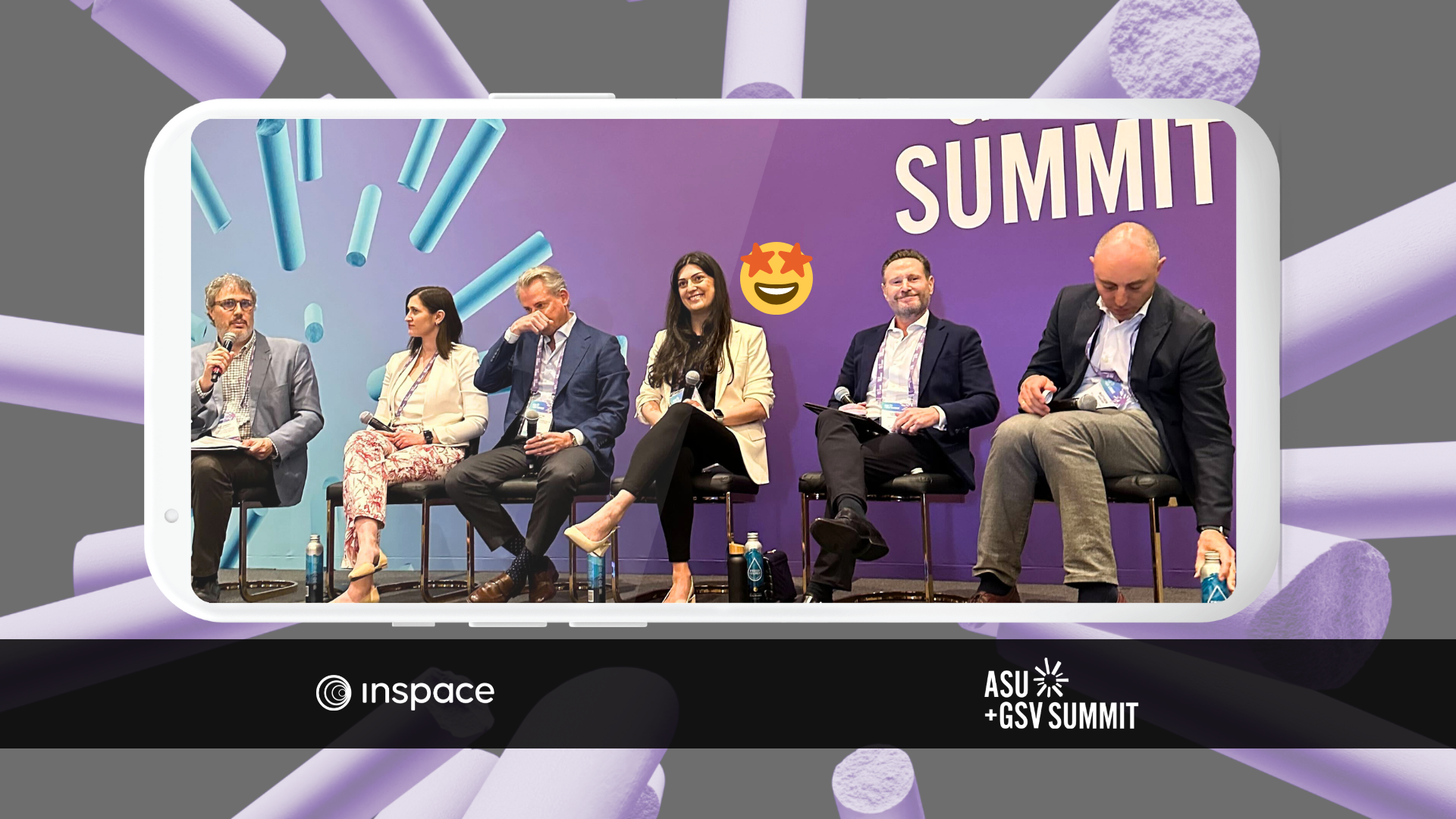 A snapshot of the ASU+GSV panelists mid-discussion. Panelists left to right include the moderator, Aejandro Caballero, Irina Denisenko, Agustin Alban, Narine Hall (identified as the CEO of InSpace by a star-eyed emoji over her shoulder), Leonardo Schlesinger, and Matthew Rascoff. In the background is a large purple ASU+GSV banner. The image is framed in a mock-up of a smartphone and overlaid against another ASU+GSV banner of broken purple chalk. The InSpace and ASU+GSV logos are shown below.