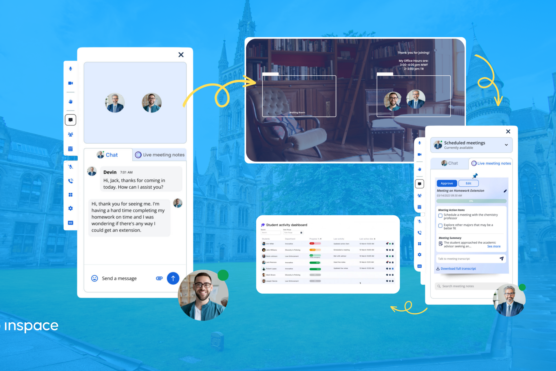 A product mockup of the InSpace advising solution shows the interactive notes and communication tools overlaid against an image of a university scene.
