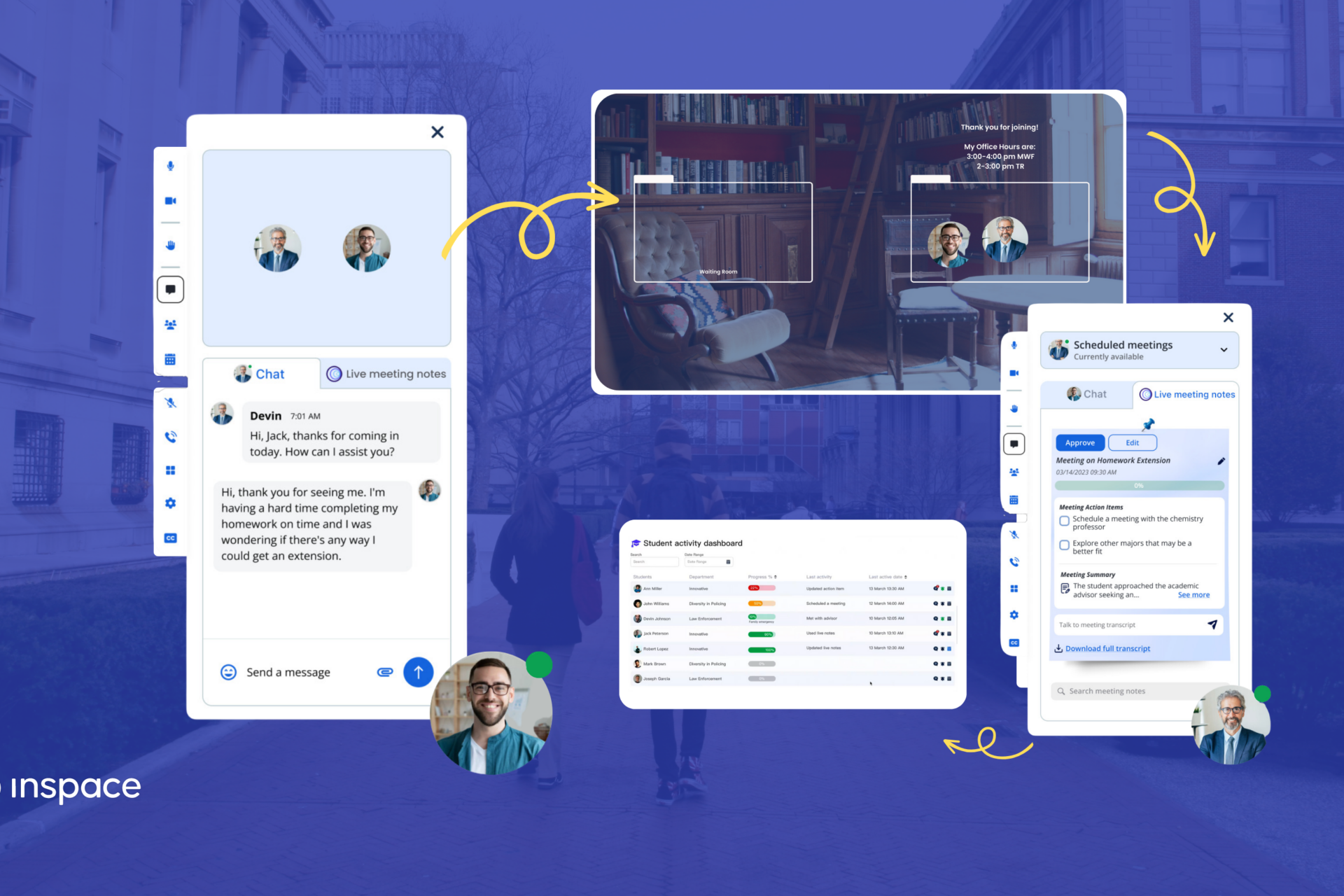 A product mockup of the InSpace advising solution shows the interactive notes and communication tools overlaid against an image of students walking across a campus.