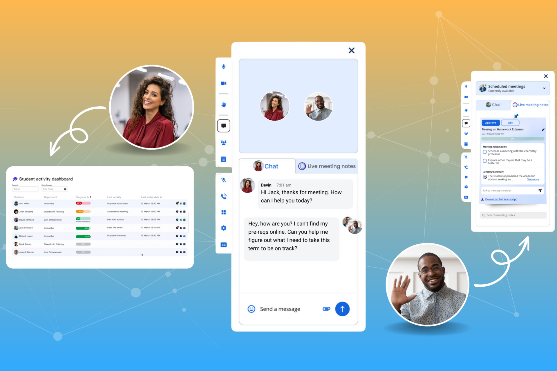 A mock-up of the InSpace advising solution shows a student and an advisor interacting in the space. Arrows indicate the ways the advising solution supports each of them after the interaction is completed.