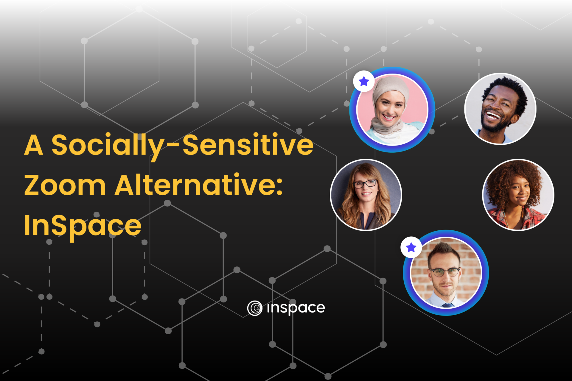 Five people in circles converse in InSpace next to the title "A Socially-Sensitive Alternative to Zoom: InSpace"